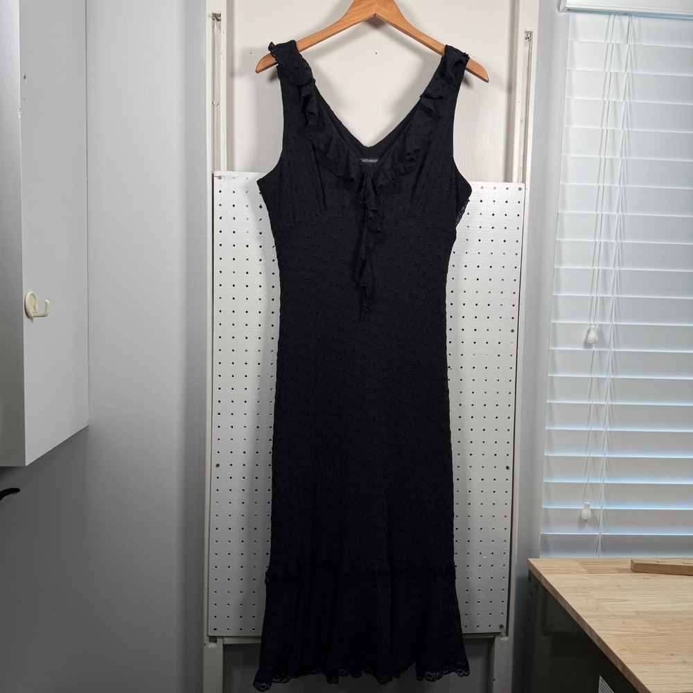 VTG Jonathan Martin Studio Flounce Dress Black Silk Eyelet Lace Ruffle‎ - 16